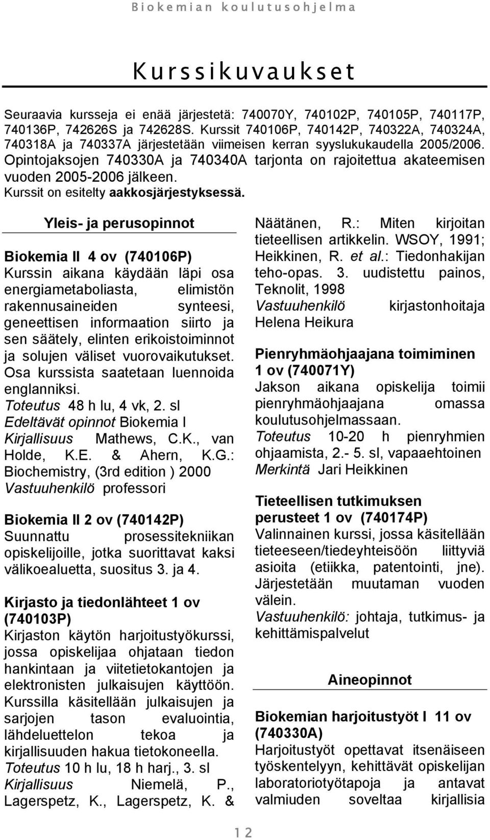 Opintojaksojen 740330A ja 740340A tarjonta on rajoitettua akateemisen vuoden 2005-2006 jälkeen. Kurssit on esitelty aakkosjärjestyksessä.