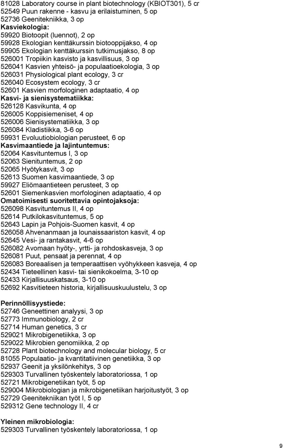 526031 Physiological plant ecology, 3 cr 526040 Ecosystem ecology, 3 cr 52601 Kasvien morfologinen adaptaatio, 4 op Kasvi- ja sienisystematiikka: 526128 Kasvikunta, 4 op 526005 Koppisiemeniset, 4 op