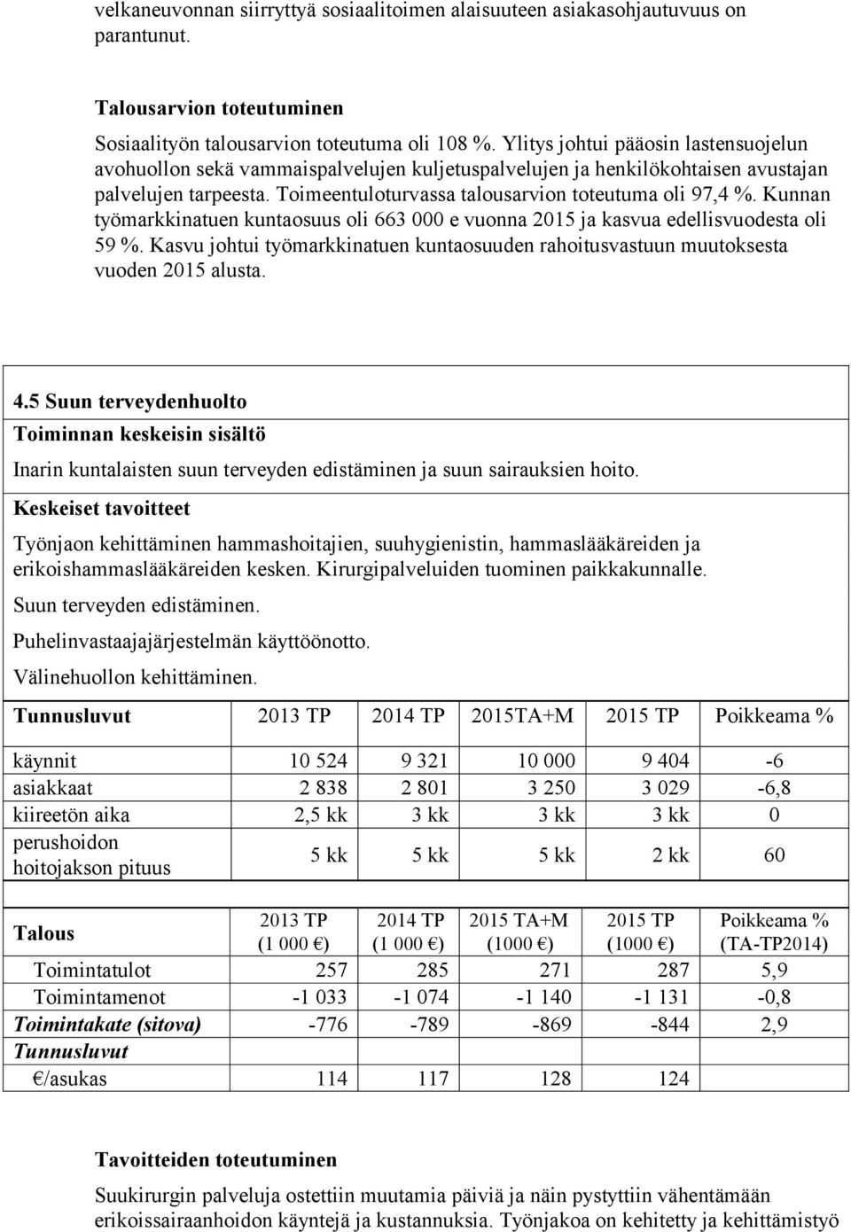 Kunnan työmarkkinatuen kuntaosuus oli 663 000 e vuonna 2015 ja kasvua edellisvuodesta oli 59 %. Kasvu johtui työmarkkinatuen kuntaosuuden rahoitusvastuun muutoksesta vuoden 2015 alusta. 4.