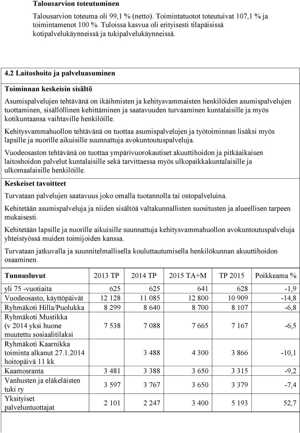 2 Laitoshoito ja palveluasuminen Toiminnan keskeisin sisältö Asumispalvelujen tehtävänä on ikäihmisten ja kehitysvammaisten henkilöiden asumispalvelujen tuottaminen, sisällöllinen kehittäminen ja
