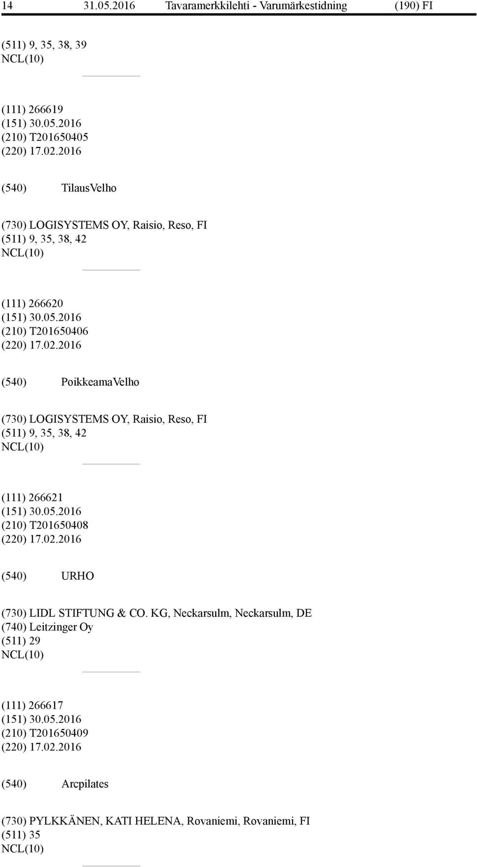 2016 PoikkeamaVelho (730) LOGISYSTEMS OY, Raisio, Reso, FI (511) 9, 35, 38, 42 (111) 266621 (210) T201650408 (220) 17.02.
