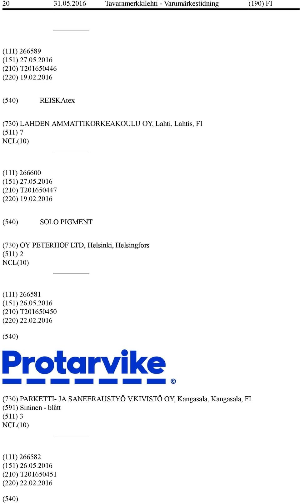 2016 SOLO PIGMENT (730) OY PETERHOF LTD, Helsinki, Helsingfors (511) 2 (111) 266581 (151) 26.05.2016 (210) T201650450 (220) 22.02.