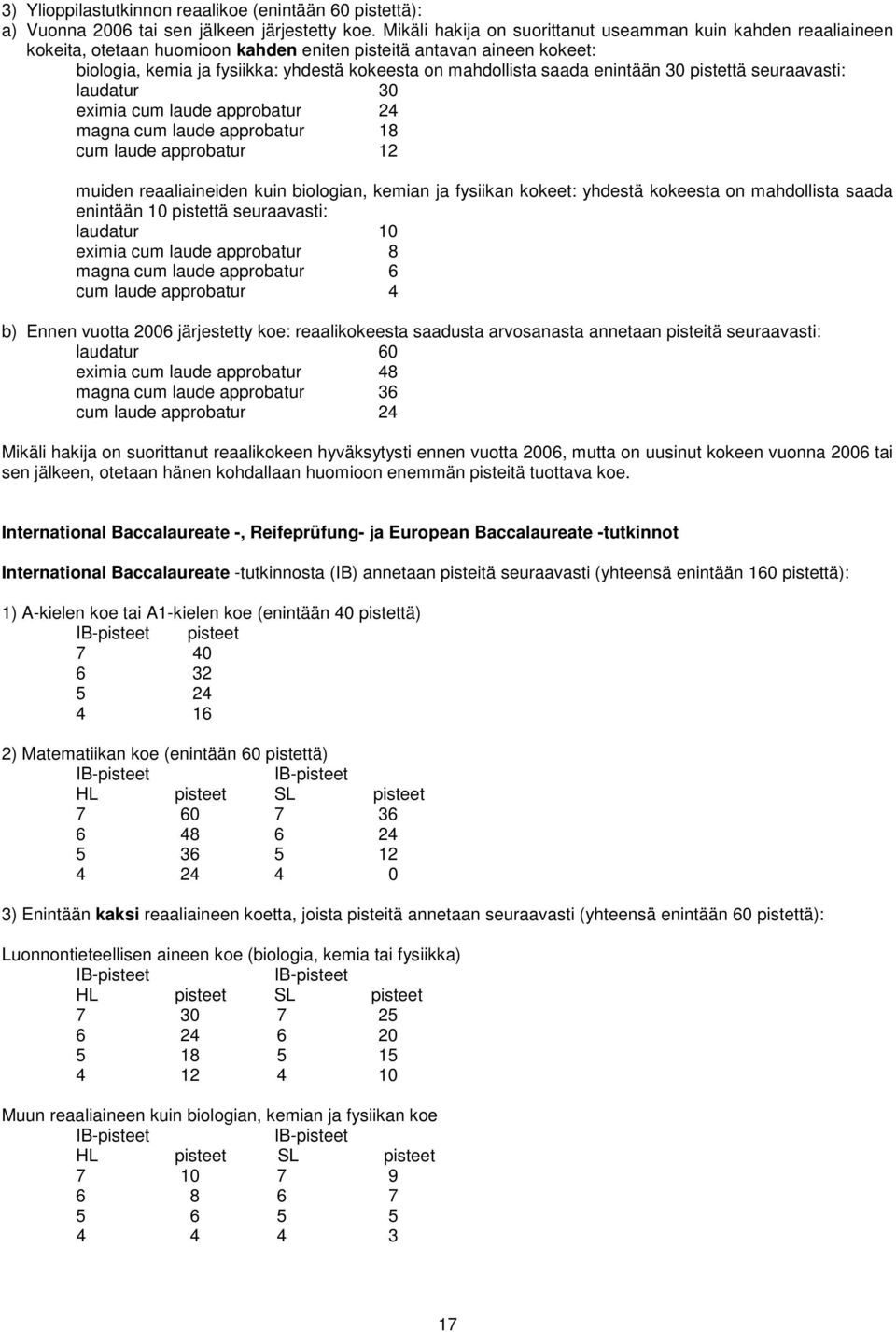 saada enintään 30 pistettä seuraavasti: laudatur 30 eximia cum laude approbatur 24 magna cum laude approbatur 18 cum laude approbatur 12 muiden reaaliaineiden kuin biologian, kemian ja fysiikan