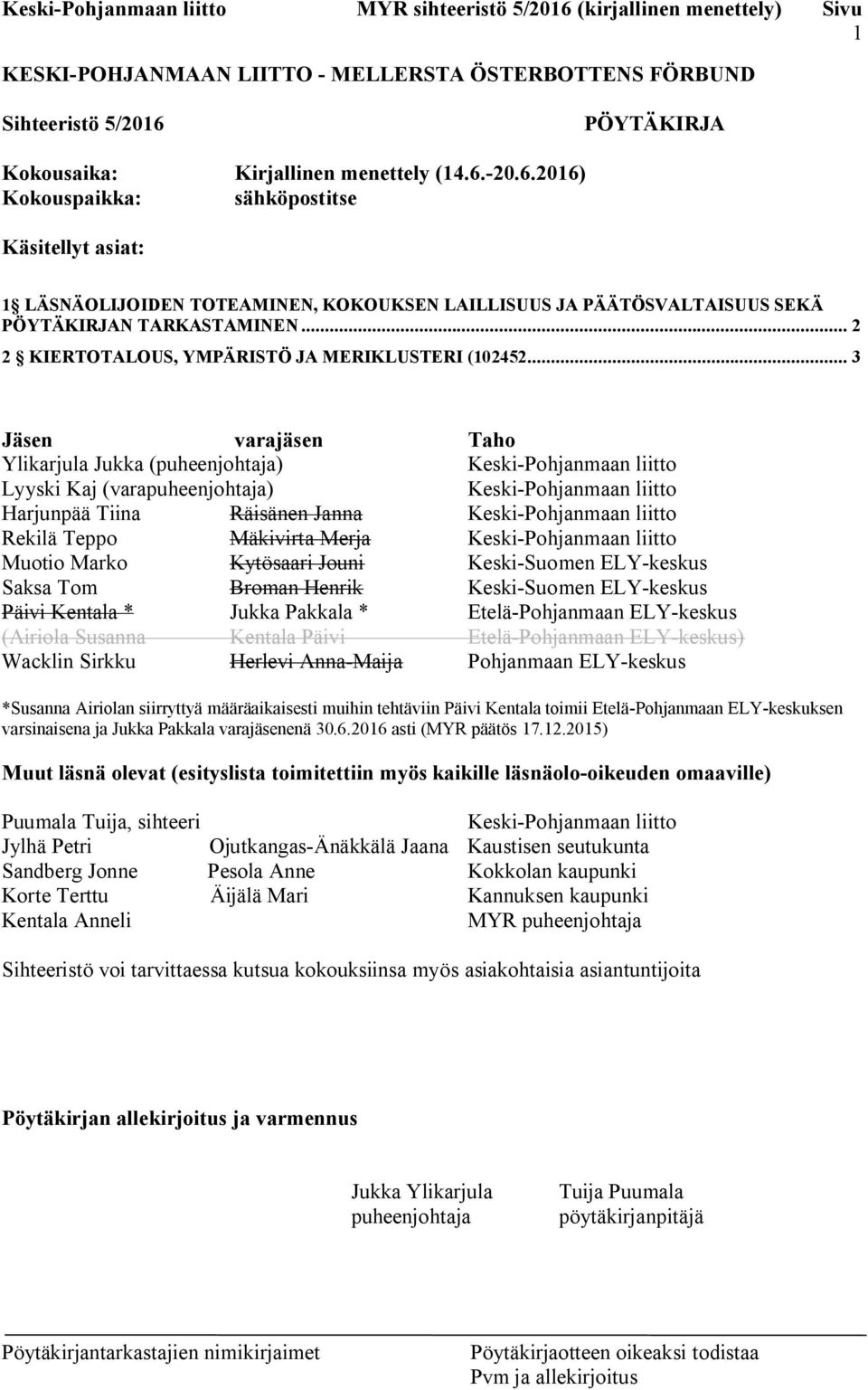 -20.6.2016) Kokouspaikka: sähköpostitse Käsitellyt asiat: 1 LÄSNÄOLIJOIDEN TOTEAMINEN, KOKOUKSEN LAILLISUUS JA PÄÄTÖSVALTAISUUS SEKÄ PÖYTÄKIRJAN TARKASTAMINEN.