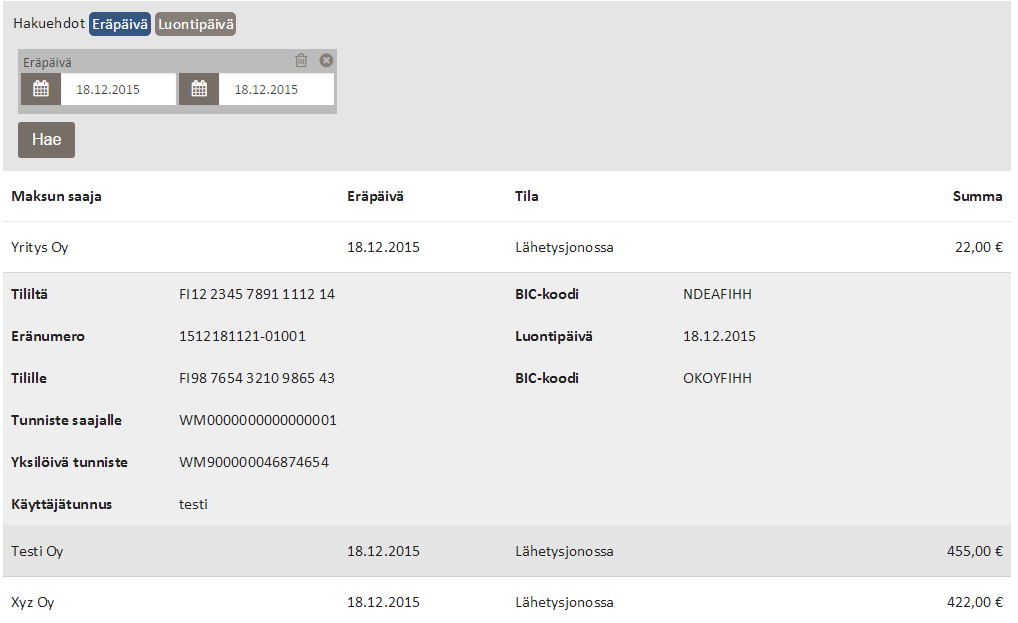 Maksuja voi hakea eräpäivän ja luontipäivän mukaan.