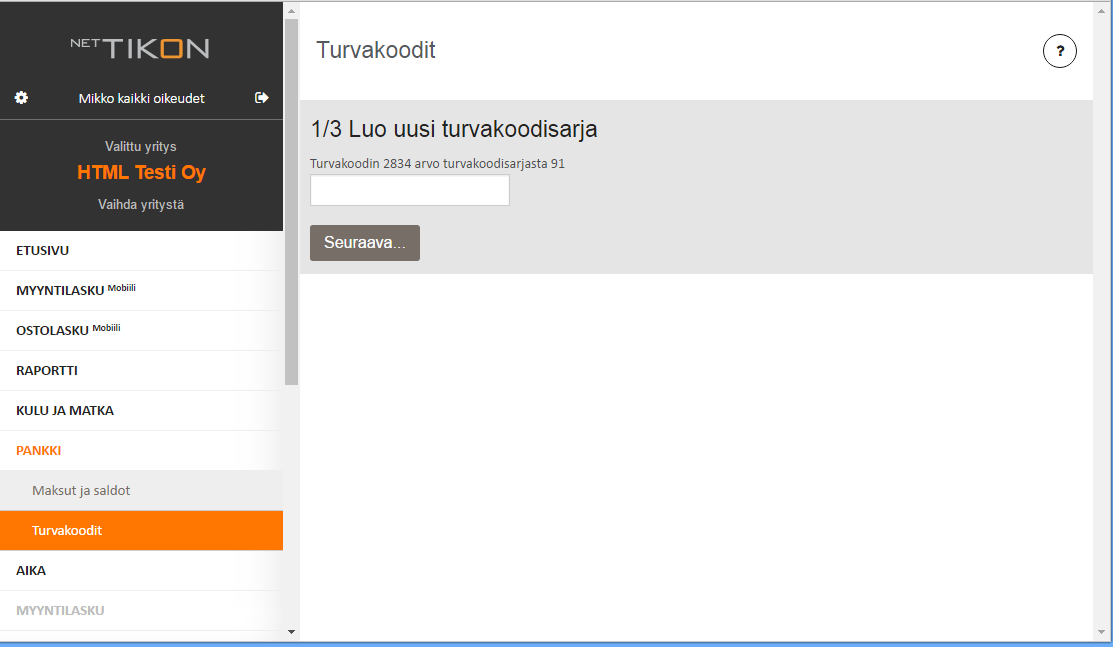 Toukokuu 2016 16 (17) 4 Turvakoodit Turvakoodisarjan luominen Uuden turvakoodisarjan luominen tapahtuu valitsemalla toimintovalikosta Turvakoodit.