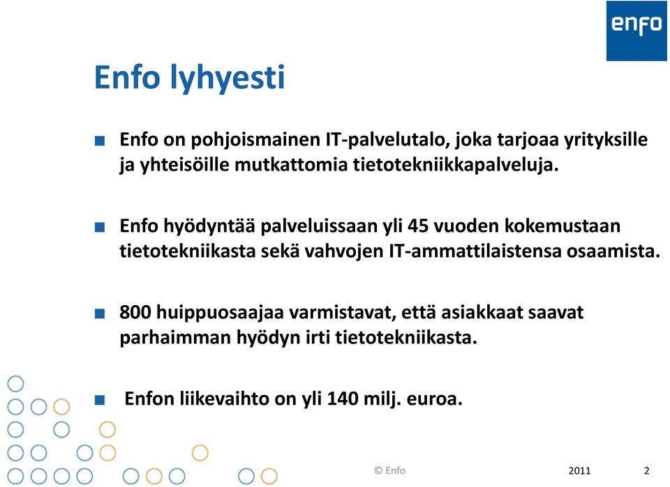 Enfo hyödyntää palveluissaan yli 45 vuoden kokemustaan tietotekniikasta sekä vahvojen