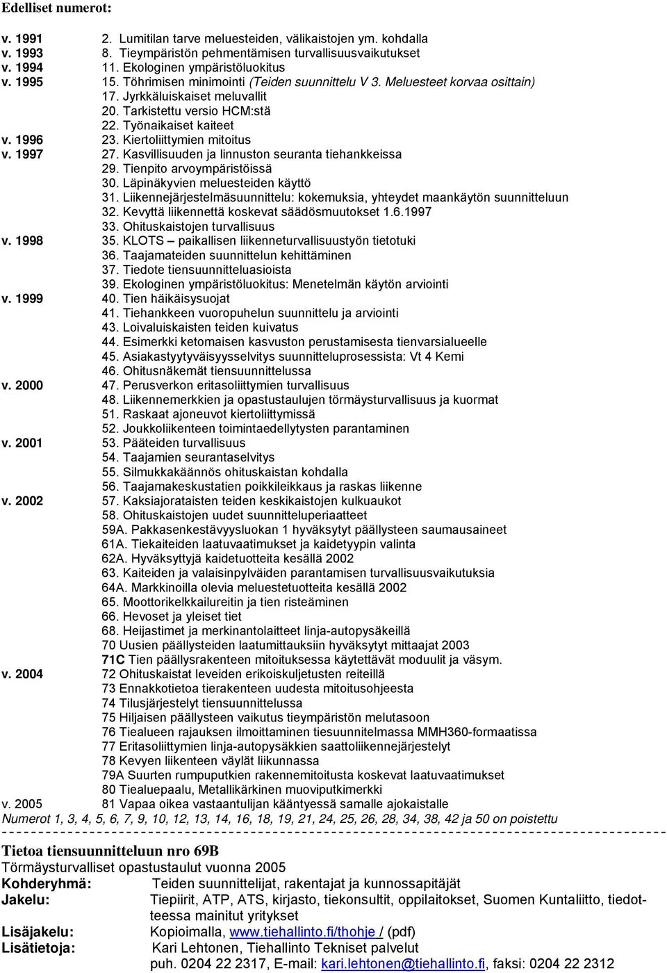 Kiertoliittymien mitoitus v. 1997 27. Kasvillisuuden ja linnuston seuranta tiehankkeissa 29. Tienpito arvoympäristöissä 30. Läpinäkyvien meluesteiden käyttö 31.