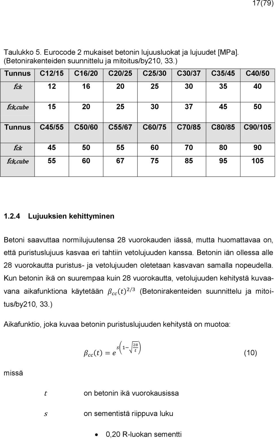 fck,cube 55 60 67 75 85 95 105 1.2.4 Lujuuksien kehittyminen Betoni saavuttaa normilujuutensa 28 vuorokauden iässä, mutta huomattavaa on, että puristuslujuus kasvaa eri tahtiin vetolujuuden kanssa.