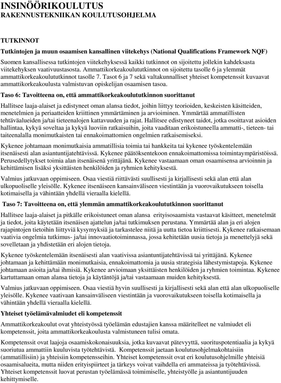 Tasot 6 ja 7 sekä valtakunnalliset yhteiset kompetenssit kuvaavat ammattikorkeakoulusta valmistuvan opiskelijan osaamisen tasoa.