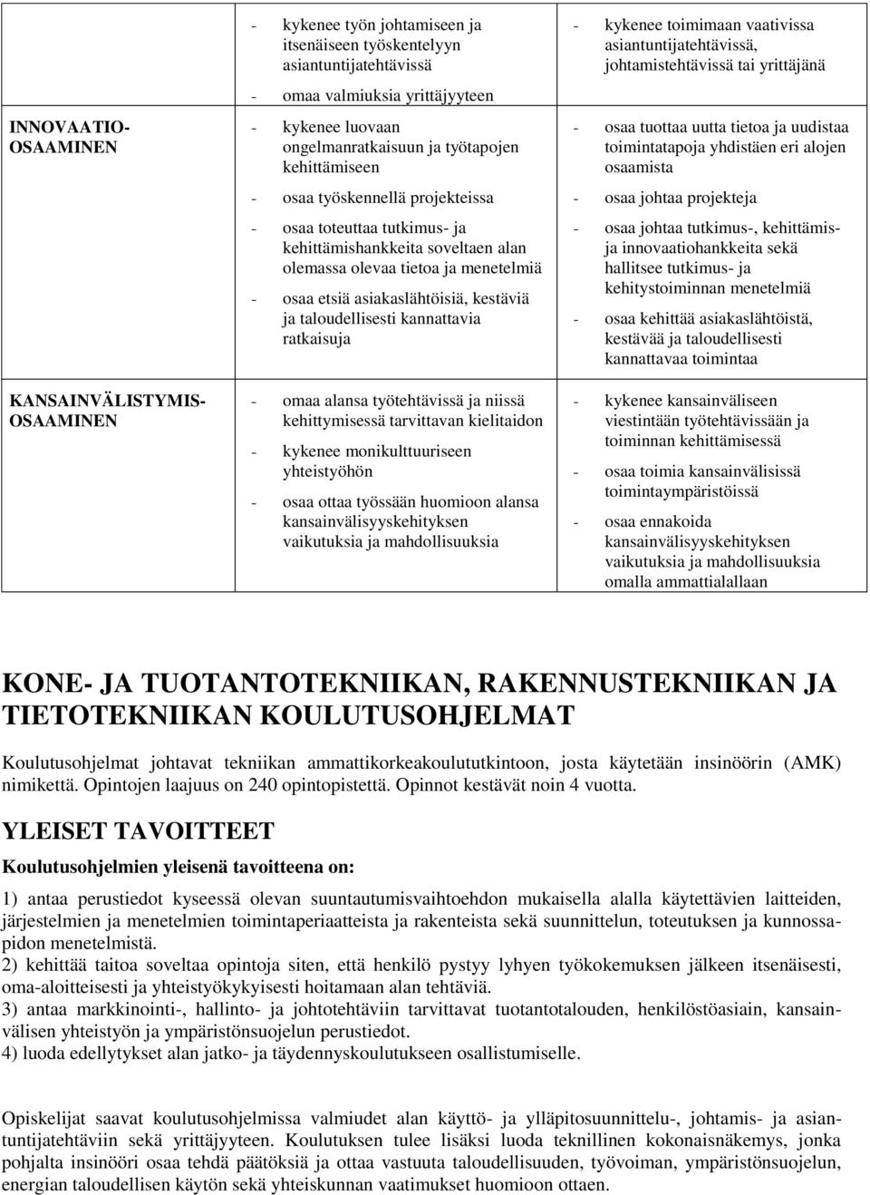 kestäviä ja taloudellisesti kannattavia ratkaisuja - omaa alansa työtehtävissä ja niissä kehittymisessä tarvittavan kielitaidon - kykenee monikulttuuriseen yhteistyöhön - osaa ottaa työssään huomioon