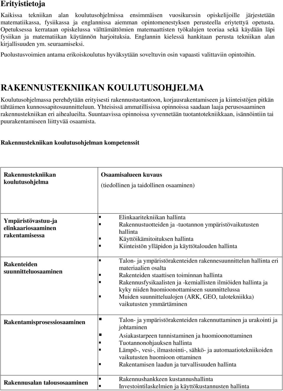 Englannin kielessä hankitaan perusta tekniikan alan kirjallisuuden ym. seuraamiseksi. Puolustusvoimien antama erikoiskoulutus hyväksytään soveltuvin osin vapaasti valittaviin opintoihin.