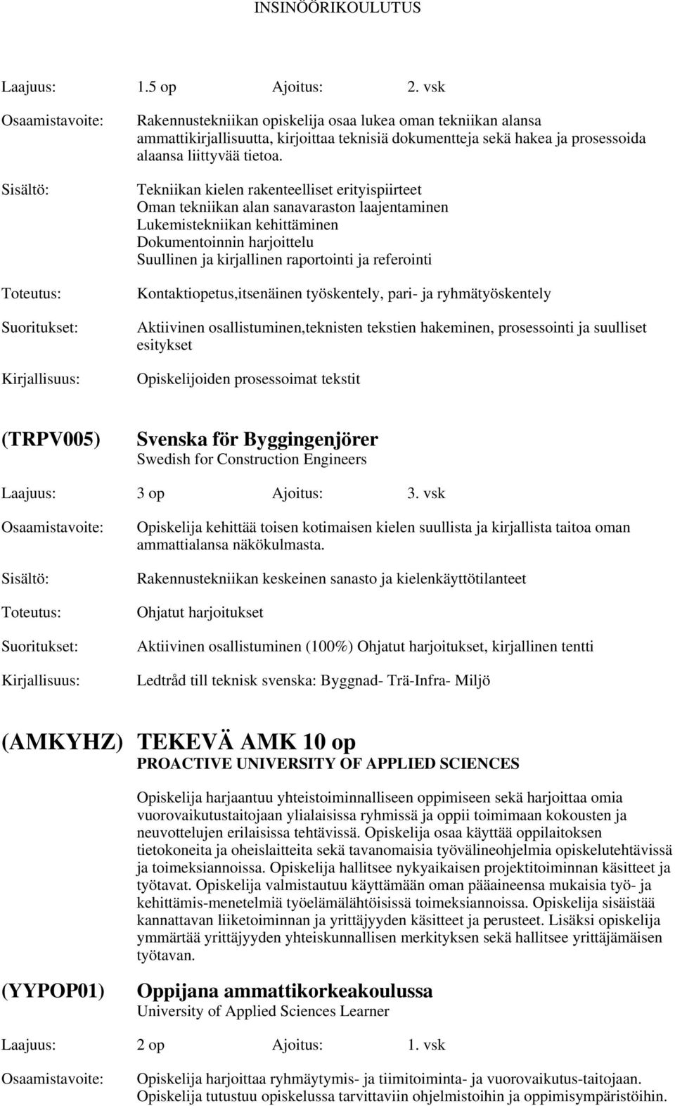 Tekniikan kielen rakenteelliset erityispiirteet Oman tekniikan alan sanavaraston laajentaminen Lukemistekniikan kehittäminen Dokumentoinnin harjoittelu Suullinen ja kirjallinen raportointi ja