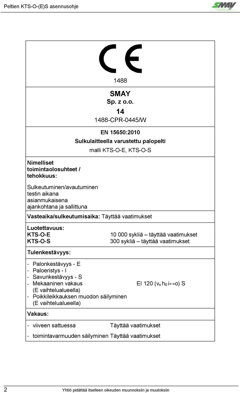 osuhteet / tehokkuus: 1488 SMAY Sp. z o.o. 14 1488-CPR-0445/W EN 15650:2010 Sulkulaitteella varustettu palopelti malli KTS-O-E, KTS-O-S Sulkeutuminen/avautuminen testin aikana