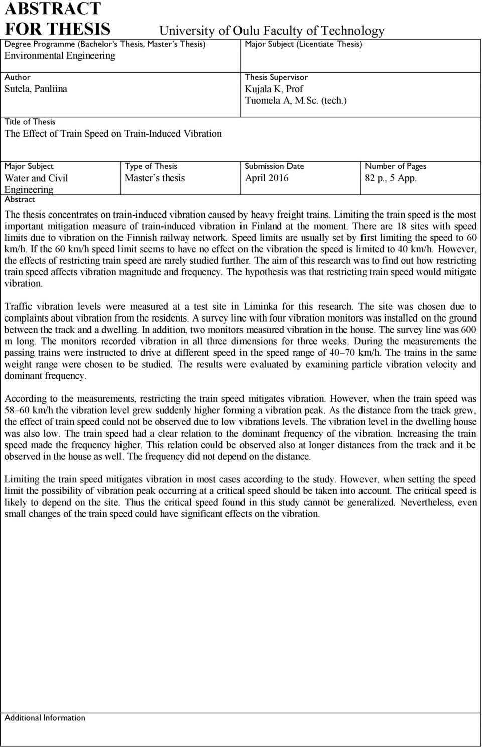 ) Title of Thesis The Effect of Train Speed on Train-Induced Vibration Major Subject Type of Thesis Submission Date Number of Pages Water and Civil Master s thesis April 2016 82 p., 5 App.