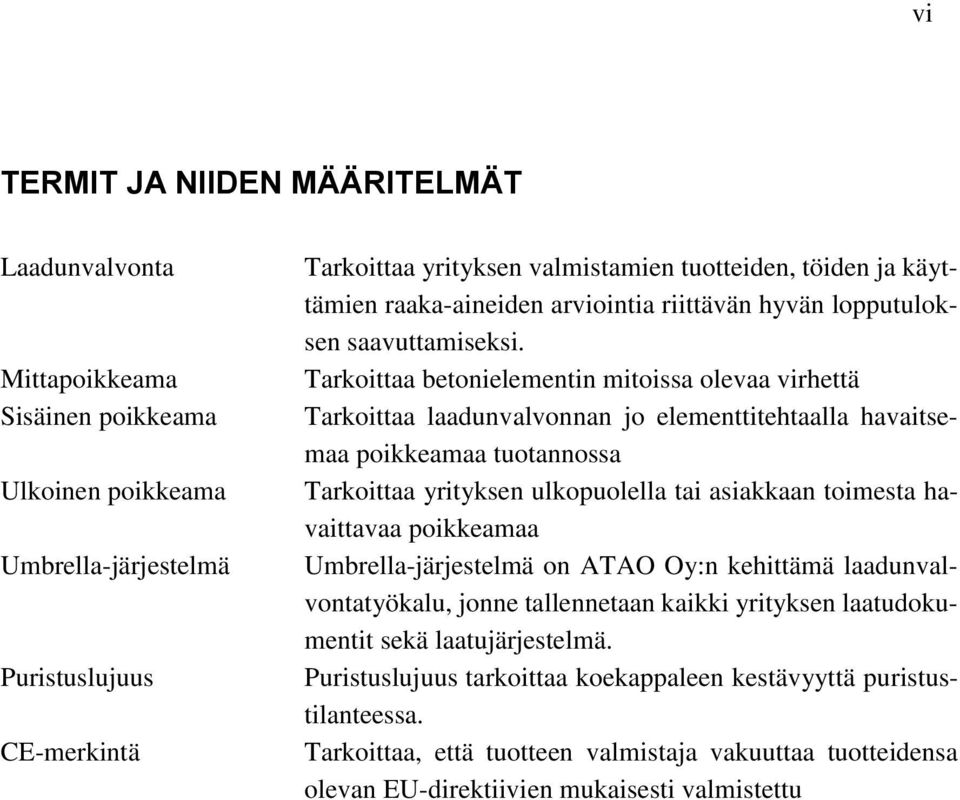 Tarkoittaa betonielementin mitoissa olevaa virhettä Tarkoittaa laadunvalvonnan jo elementtitehtaalla havaitsemaa poikkeamaa tuotannossa Tarkoittaa yrityksen ulkopuolella tai asiakkaan toimesta