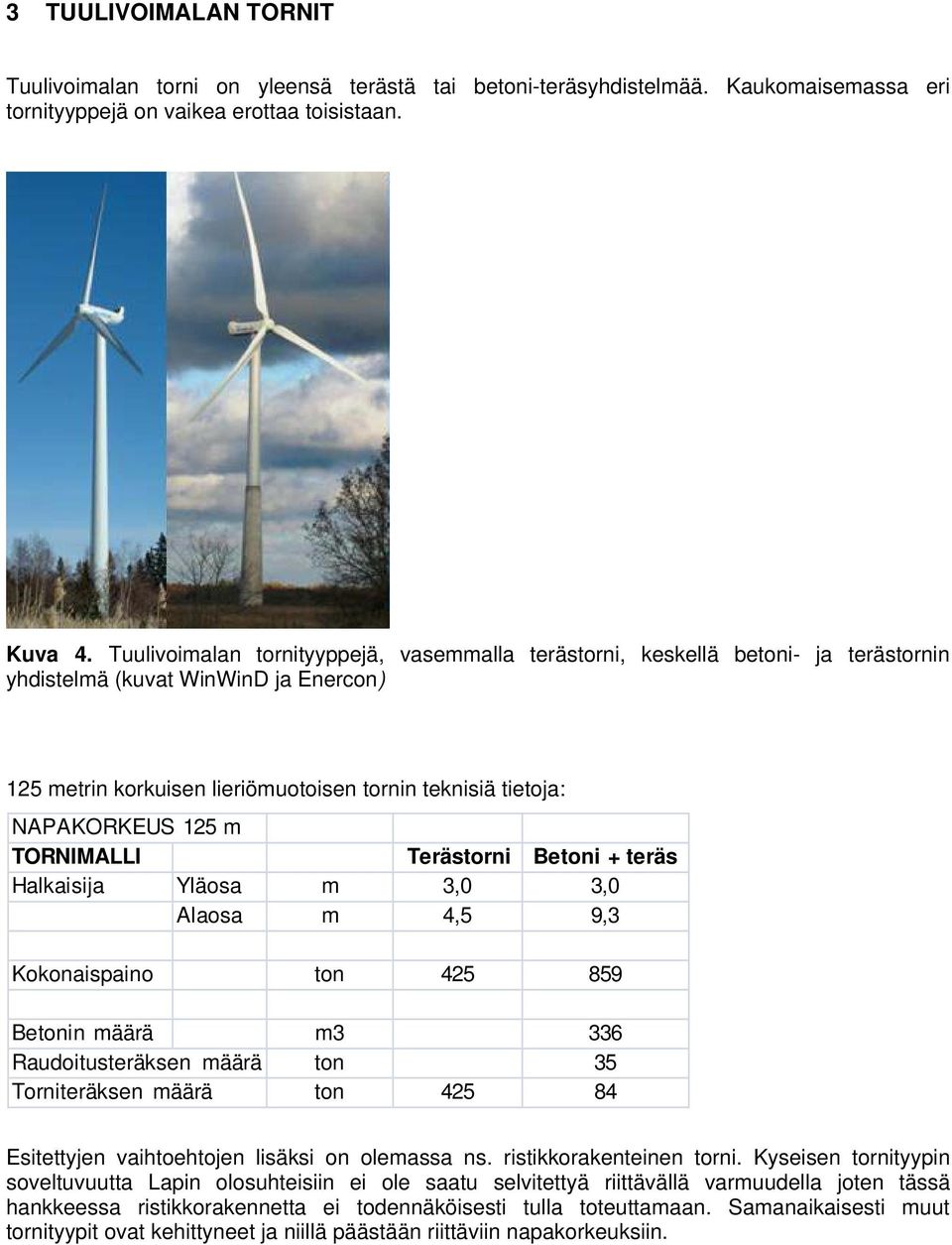 m TORNIMALLI Terästorni Betoni + teräs Halkaisija Yläosa m 3,0 3,0 Alaosa m 4,5 9,3 Kokonaispaino ton 425 859 Betonin määrä m3 336 Raudoitusteräksen määrä ton 35 Torniteräksen määrä ton 425 84