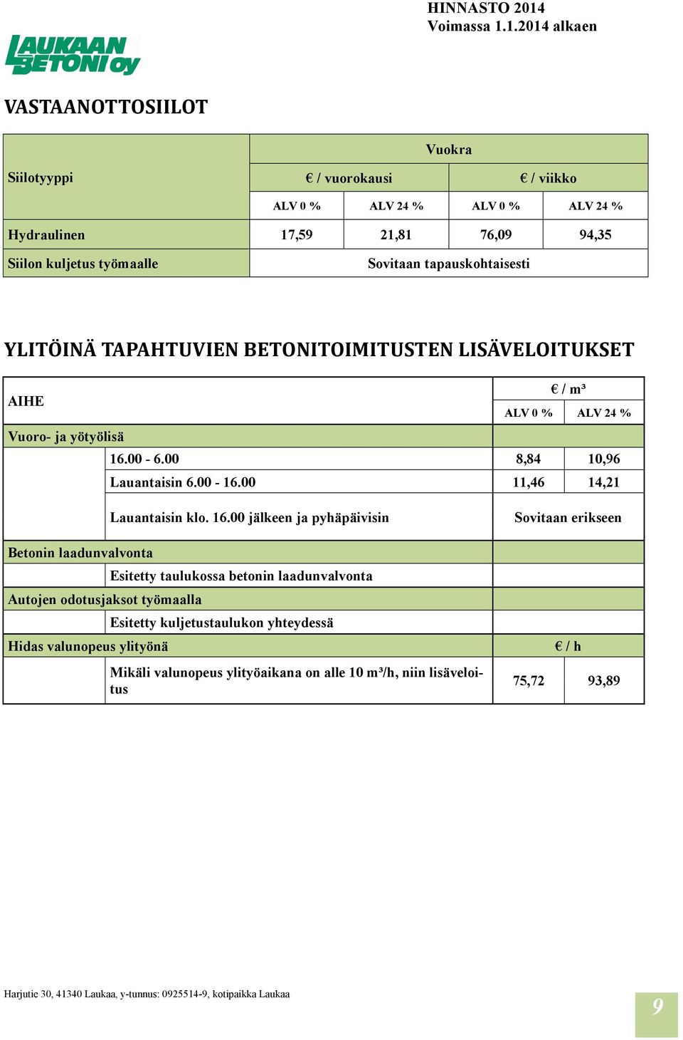 00 8,84 10,96 Lauantaisin 6.00-16.00 11,46 14,21 Betonin laadunvalvonta Autojen odotusjaksot työmaalla Hidas valunopeus ylityönä Lauantaisin klo. 16.