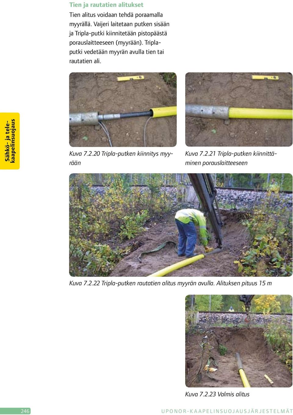 Triplaputki vedetään myyrän avulla tien tai rautatien ali. Kuva 7.2.20 Tripla-putken kiinnitys myyrään Kuva 7.2.21 Tripla-putken kiinnittäminen porauslaitteeseen Kuva 7.