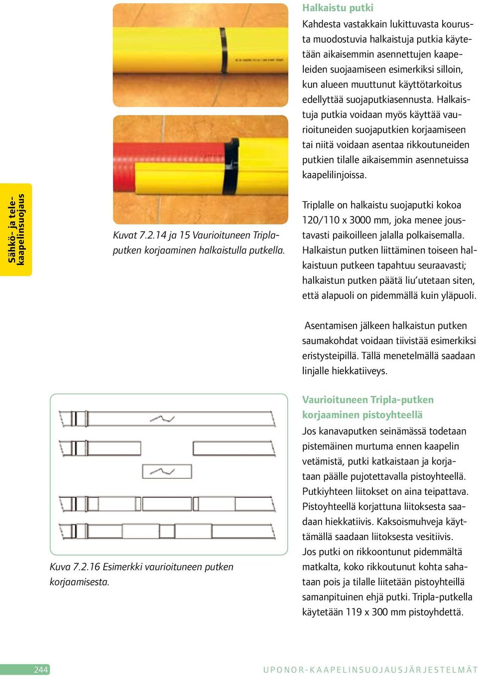 Halkaistuja putkia voidaan myös käyttää vaurioituneiden suojaputkien korjaamiseen tai niitä voidaan asentaa rikkoutuneiden putkien tilalle aikaisemmin asennetuissa kaapelilinjoissa. Kuvat 7.2.