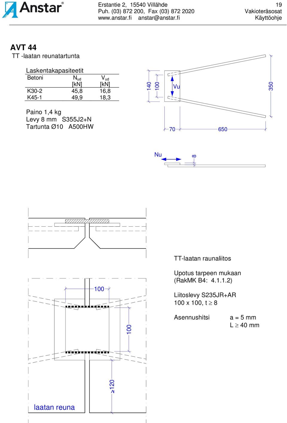 mm S355J2+N Tartunta Ø10 A500HW 70 650 8 TT-laatan raunaliitos Upotus tarpeen mukaan