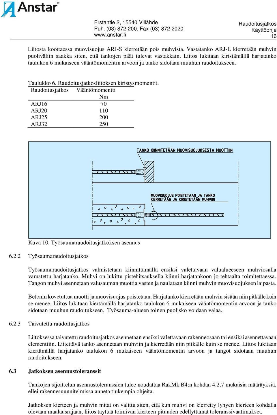 Vääntömomentti Nm ARJ16 70 ARJ20 110 ARJ25 200 ARJ32 250 Kuva 10. Työsaumaraudoitusjatkoksen asennus 6.2.2 Työsaumaraudoitusjatkos Työsaumaraudoitusjatkos valmistetaan kiinnittämällä ensiksi valettavaan valualueeseen muhviosalla varustettu harjatanko.