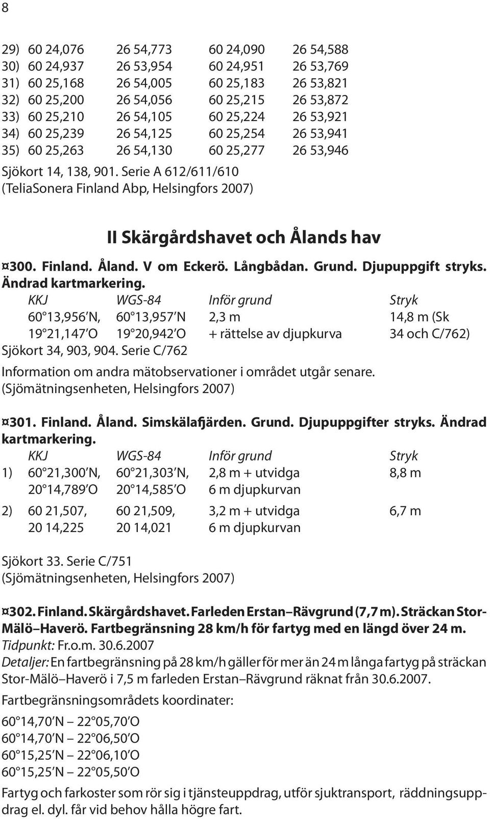 Serie A 612/611/610 (TeliaSonera Finland Abp, Helsingfors 2007) II Skärgårdshavet och Ålands hav 300. Finland. Åland. V om Eckerö. Långbådan. Grund. Djupuppgift stryks. Ändrad kartmarkering.
