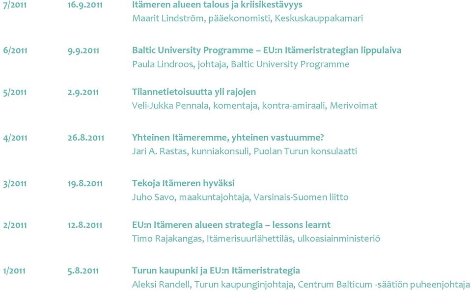 Rastas, kunniakonsuli, Puolan Turun konsulaatti 3/2011 19.8.2011 Tekoja Itämeren hyväksi Juho Savo, maakuntajohtaja, Varsinais-Suomen liitto 2/2011 12.8.2011 EU:n Itämeren alueen strategia lessons learnt Timo Rajakangas, Itämerisuurlähettiläs, ulkoasiainministeriö 1/2011 5.