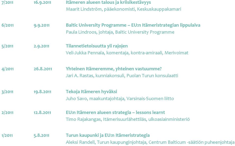 Rastas, kunniakonsuli, Puolan Turun konsulaatti 3/2011 19.8.2011 Tekoja Itämeren hyväksi Juho Savo, maakuntajohtaja, Varsinais-Suomen liitto 2/2011 12.8.2011 EU:n Itämeren alueen strategia lessons learnt Timo Rajakangas, Itämerisuurlähettiläs, ulkoasiainministeriö 1/2011 5.