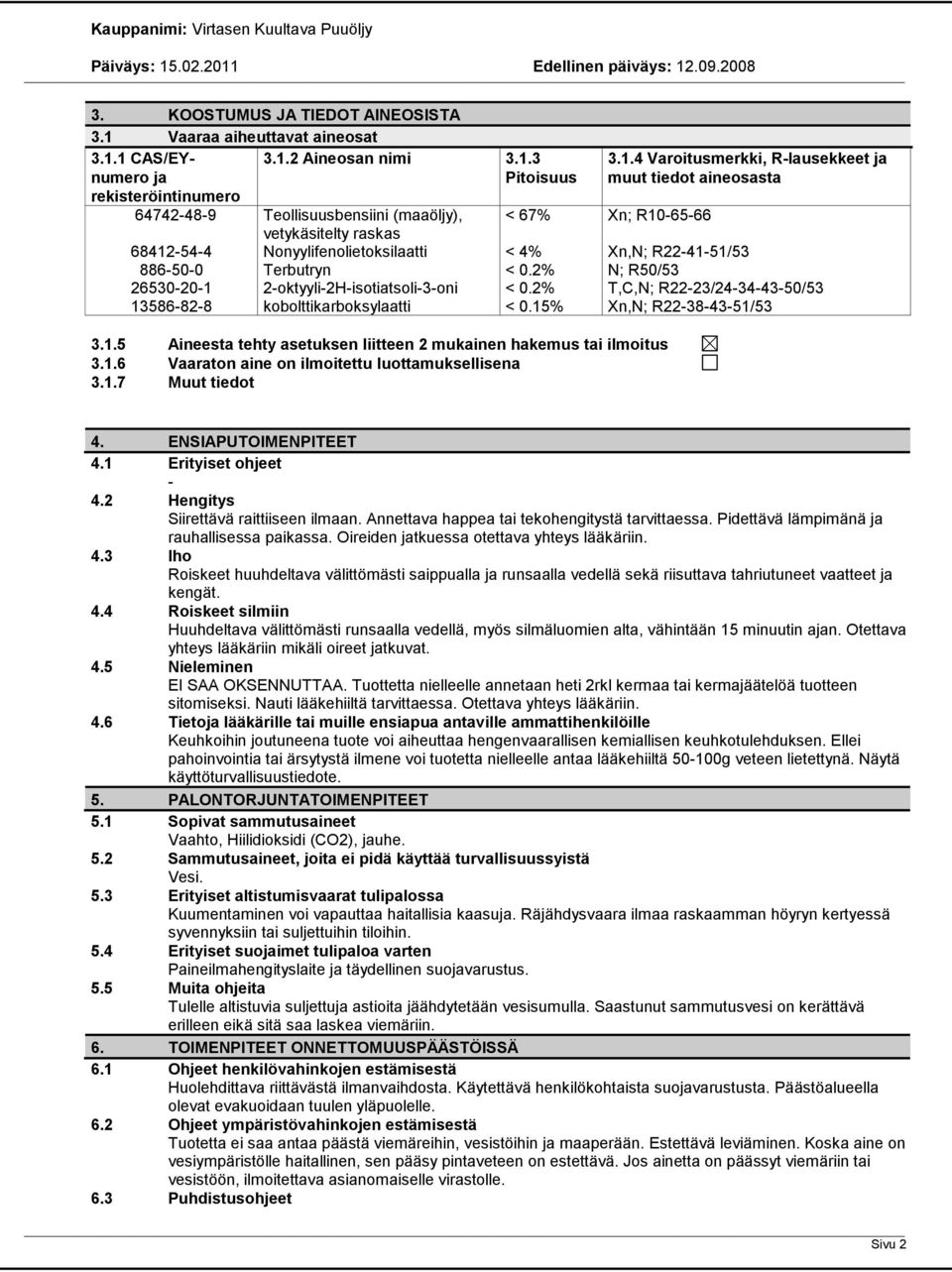 2% < 0.2% < 0.15% 3.1.4 Varoitusmerkki, Rlausekkeet ja muut tiedot aineosasta Xn; R106566 Xn,N; R224151/53 N; R50/53 T,C,N; R2223/24344350/53 Xn,N; R22384351/53 3.1.5 Aineesta tehty asetuksen liitteen 2 mukainen hakemus tai ilmoitus 3.