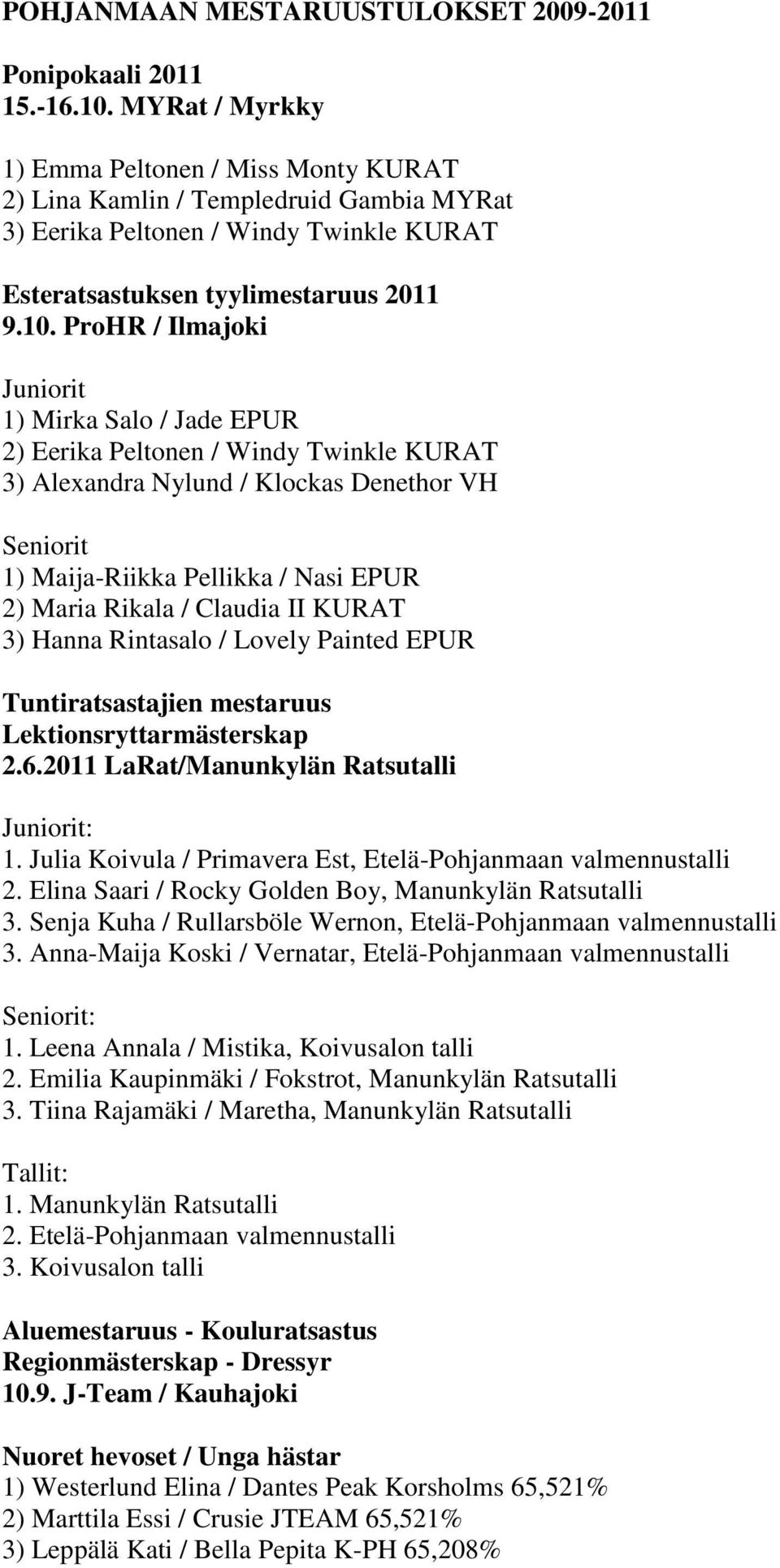 ProHR / Ilmajoki Juniorit 1) Mirka Salo / Jade EPUR 2) Eerika Peltonen / Windy Twinkle KURAT 3) Alexandra Nylund / Klockas Denethor VH Seniorit 1) Maija-Riikka Pellikka / Nasi EPUR 2) Maria Rikala /