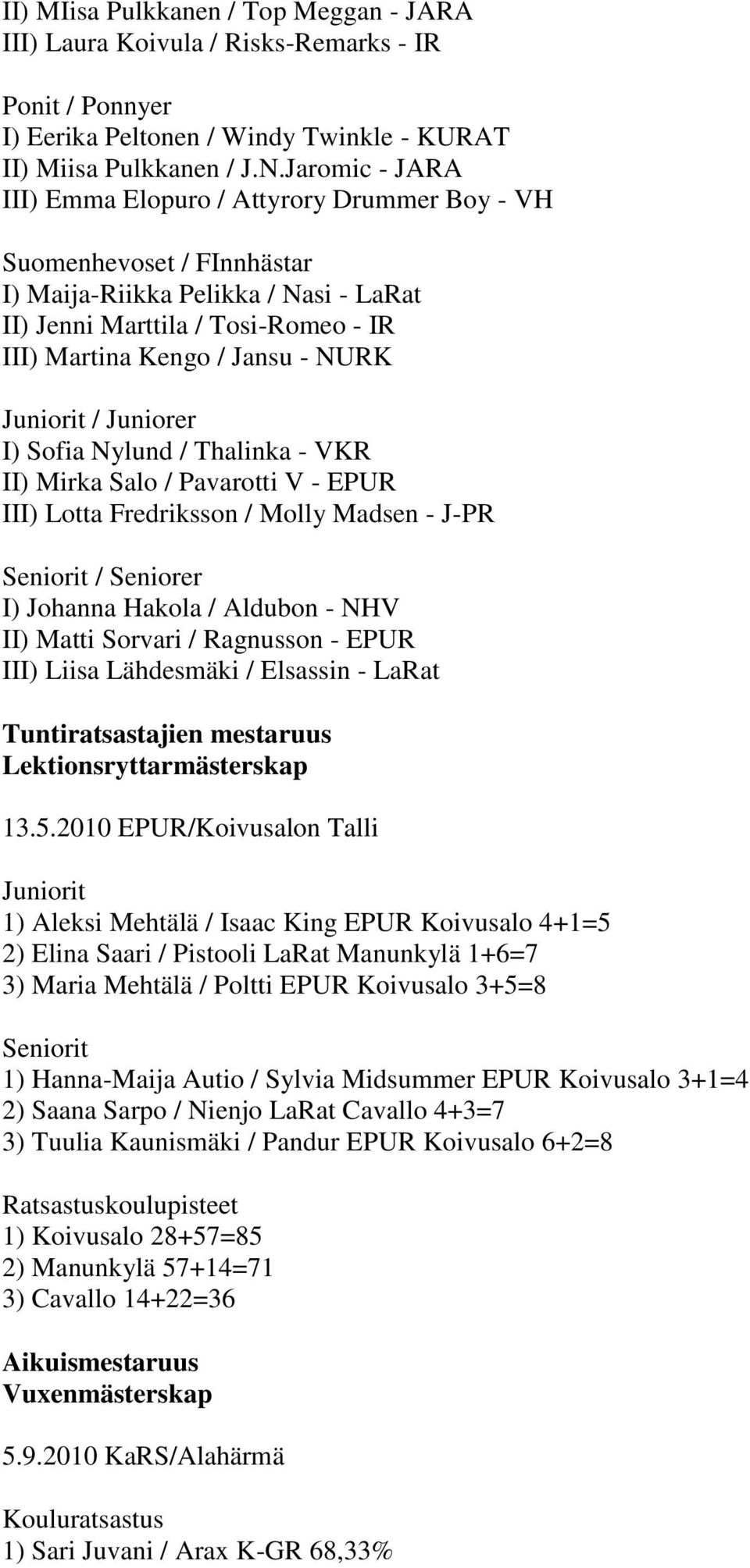 I) Sofia Nylund / Thalinka - VKR II) Mirka Salo / Pavarotti V - EPUR III) Lotta Fredriksson / Molly Madsen - J-PR Seniorit / Seniorer I) Johanna Hakola / Aldubon - NHV II) Matti Sorvari / Ragnusson -