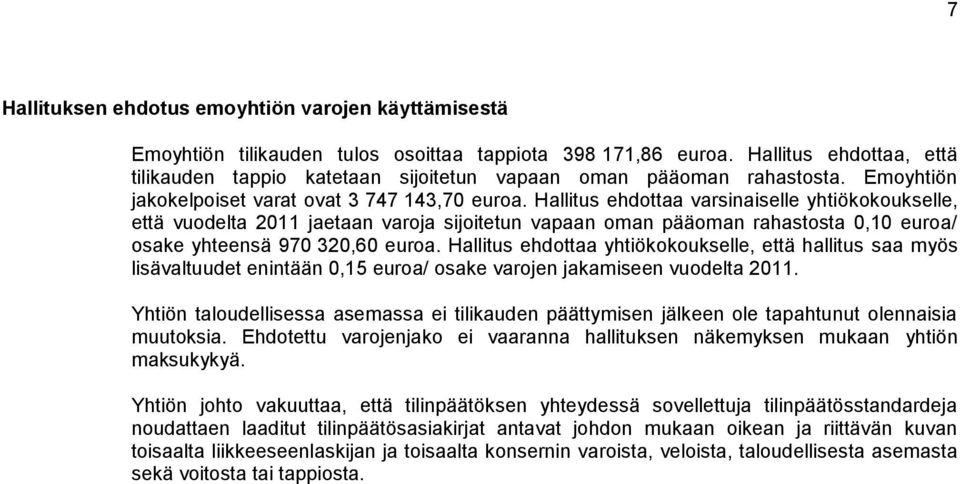 Hallitus ehdottaa varsinaiselle yhtiökokoukselle, että vuodelta 2011 jaetaan varoja sijoitetun vapaan oman pääoman rahastosta 0,10 euroa/ osake yhteensä 970 320,60 euroa.