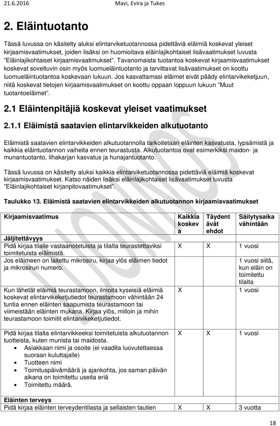 Tavanomaista tuotantoa koskevat kirjaamisvaatimukset koskevat soveltuvin osin myös luomueläintuotanto ja tarvittavat lisävaatimukset on koottu luomueläintuotantoa koskevaan lukuun.