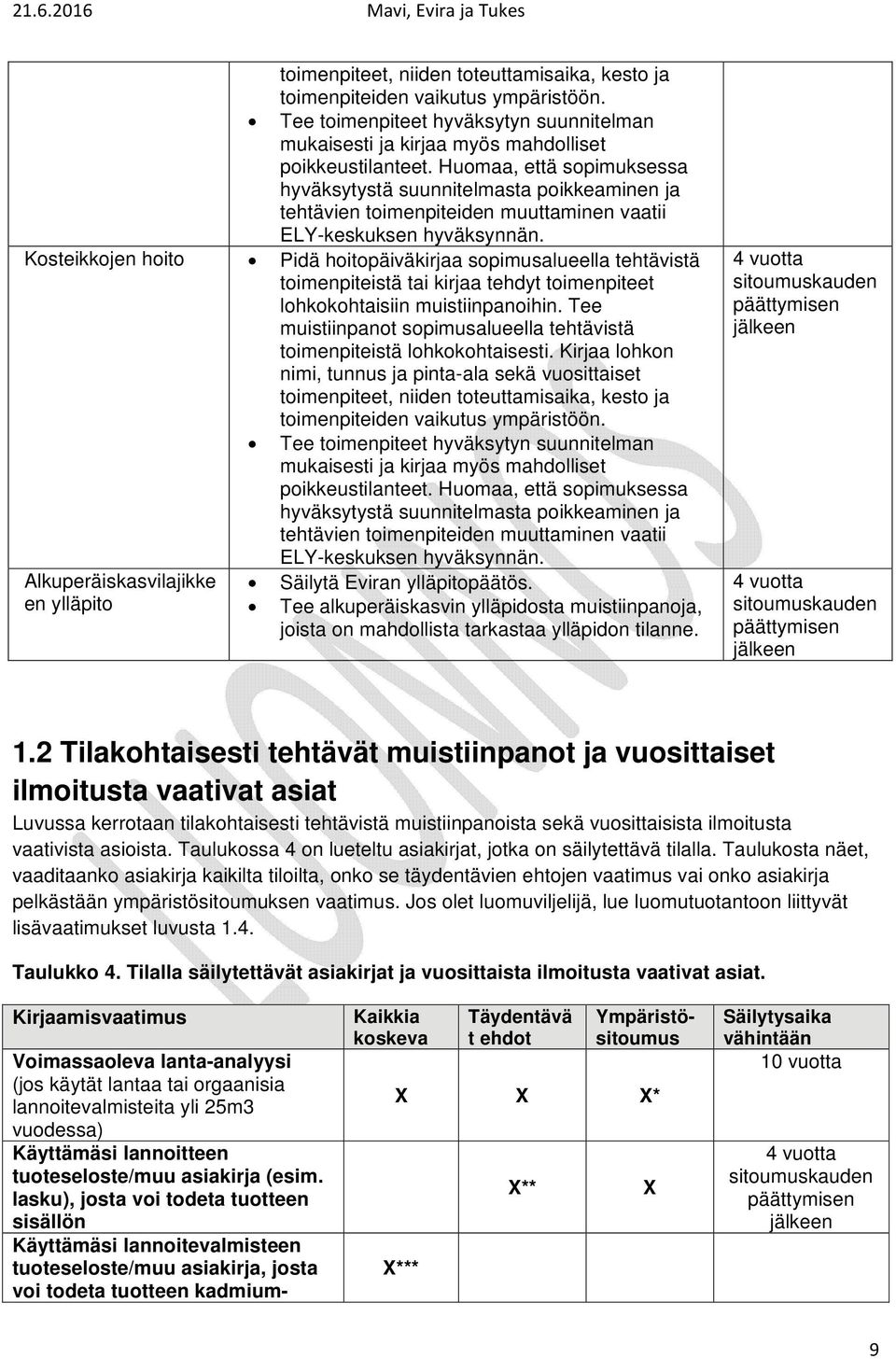 Kosteikkojen hoito Pidä hoitopäiväkirjaa sopimusalueella tehtävistä toimenpiteistä tai kirjaa tehdyt toimenpiteet lohkokohtaisiin muistiinpanoihin.