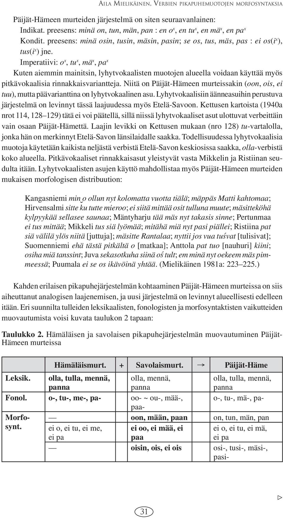 Imperatiivi: o x, tu x, mä x, pa x Kuten aiemmin mainitsin, lyhytvokaalisten muotojen alueella voidaan käyttää myös pitkävokaalisia rinnakkaisvariantteja.