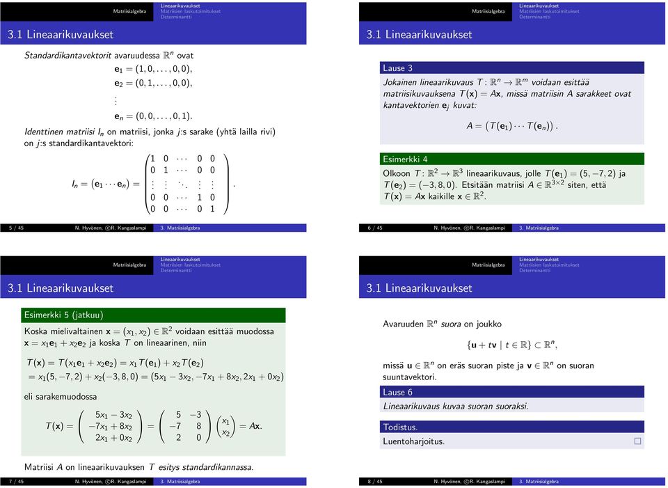 R 3 lineaarikuvaus, jolle T (e ) (5, 7, 2) ja T (e 2 ) ( 3, 8, ) Etsitään matriisi A R 3 2 siten, että T (x) Ax kaikille x R 2 5 / 45 N Hyvönen, c R Kangaslampi 3 6 / 45 N Hyvönen, c R Kangaslampi 3