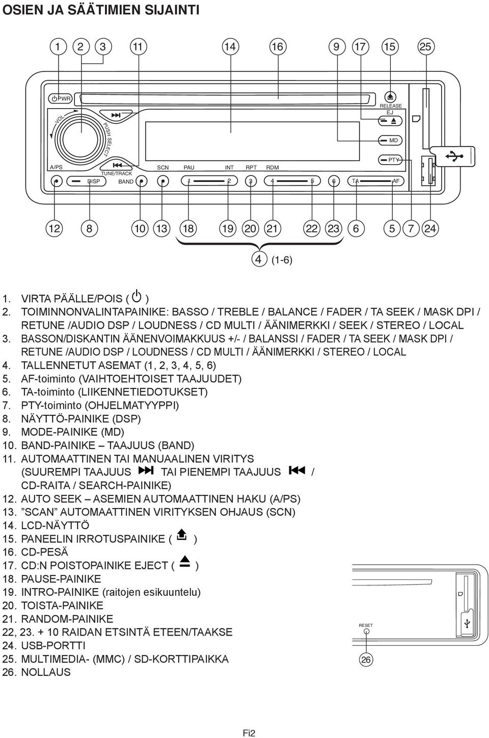BASSON/DISKANTIN ÄÄNENVOIMAKKUUS +/- / BALANSSI / FADER / / MASK DPI / RETUNE /AUDIO DSP / NESS / CD MULTI / ÄÄNIMERKKI / / LOCAL 4. TALLENNETUT ASEMAT (,, 3, 4, 5, ) 5.