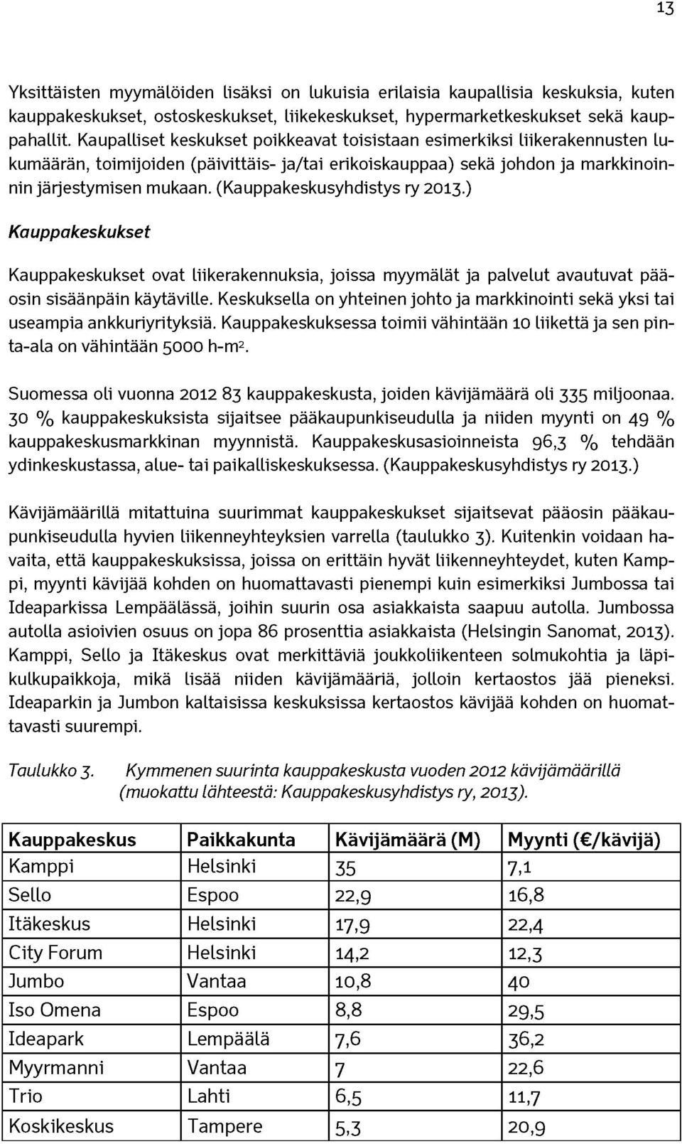 (Kauppakeskusyhdistys ry 2013.) Kauppakeskukset Kauppakeskukset ovat liikerakennuksia, joissa myymälät ja palvelut avautuvat pääosin sisäänpäin käytäville.