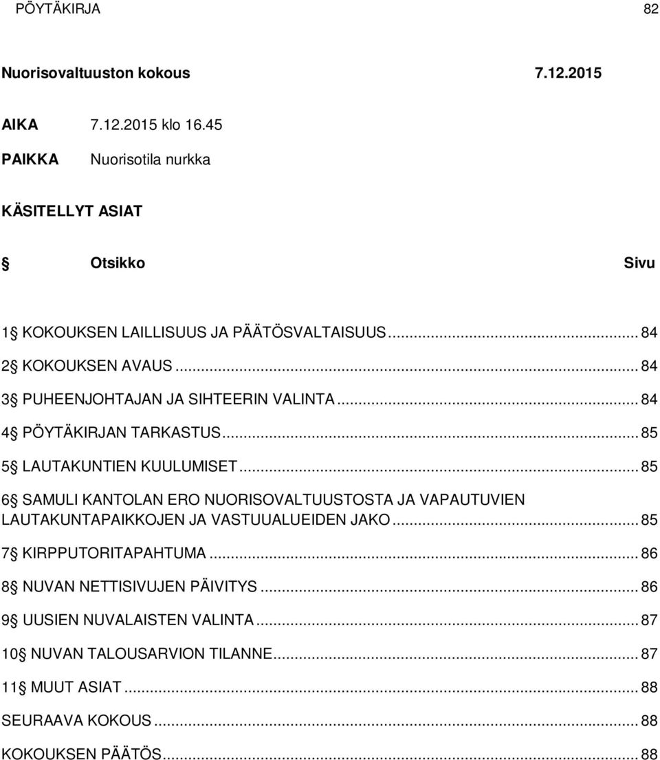 .. 84 3 PUHEENJOHTAJAN JA SIHTEERIN VALINTA... 84 4 PÖYTÄKIRJAN TARKASTUS... 85 5 LAUTAKUNTIEN KUULUMISET.