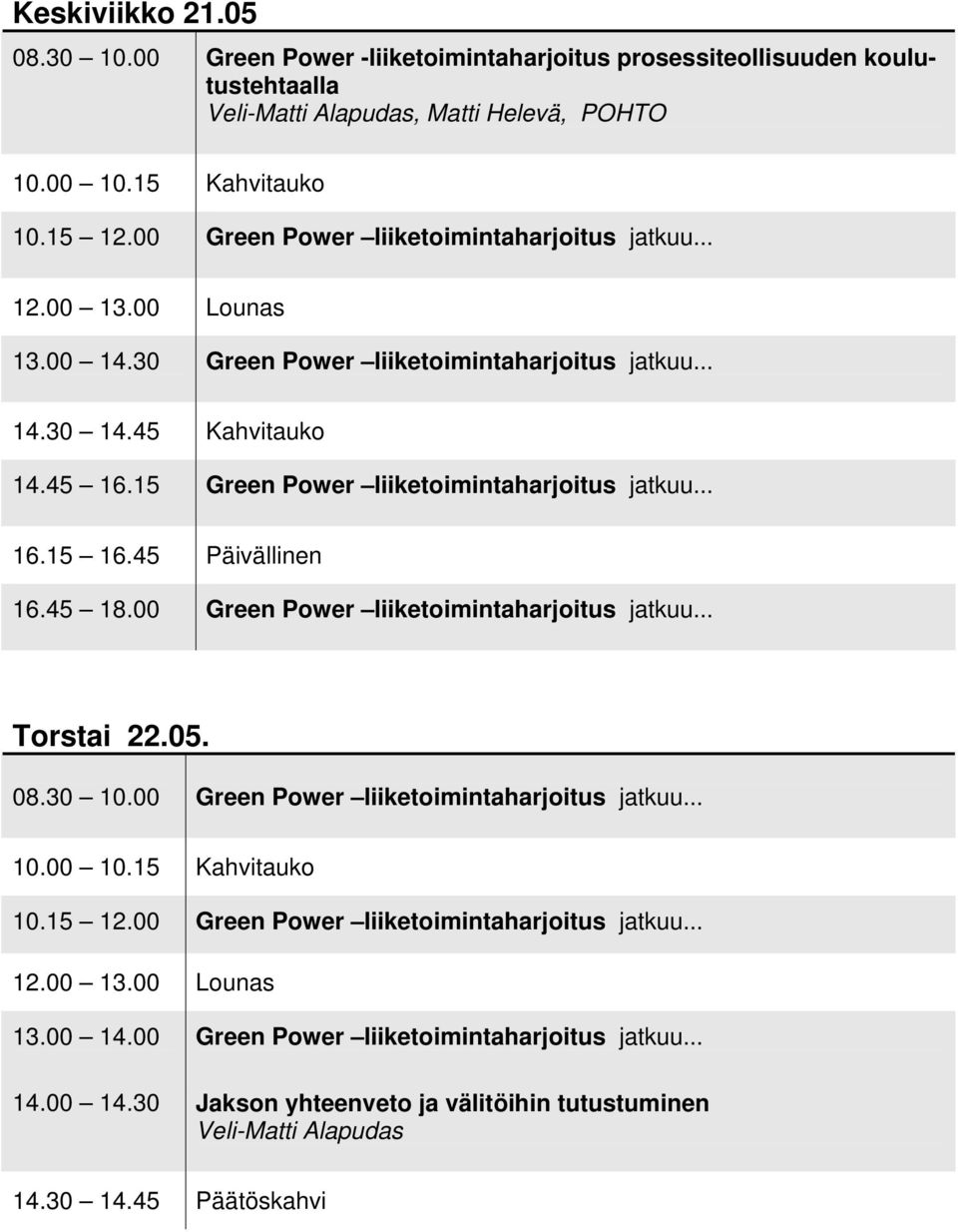 15 Green Power liiketoimintaharjoitus jatkuu... 16.15 16.45 Päivällinen 16.45 18.00 Green Power liiketoimintaharjoitus jatkuu... Torstai 22.05. 08.30 10.