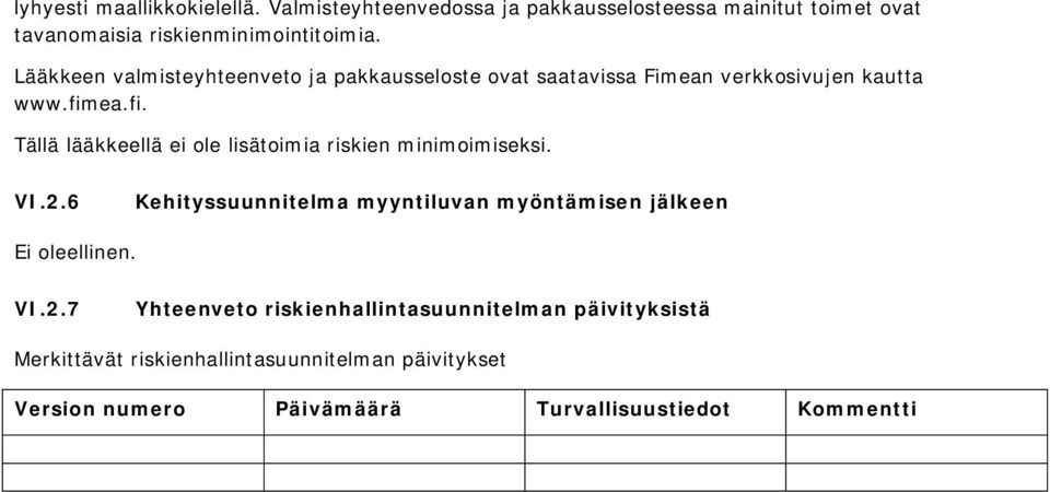 ea.fi. Tällä lääkkeellä ei ole lisätoimia riskien minimoimiseksi. VI.2.