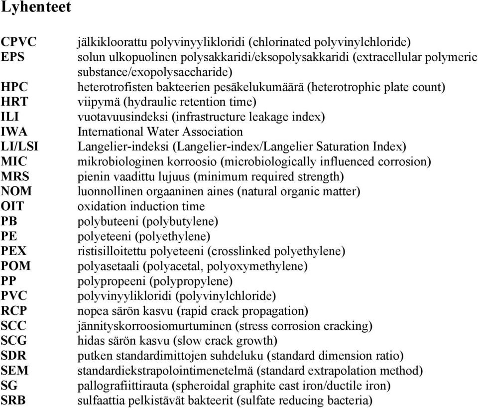 vuotavuusindeksi (infrastructure leakage index) International Water Association Langelier-indeksi (Langelier-index/Langelier Saturation Index) mikrobiologinen korroosio (microbiologically influenced