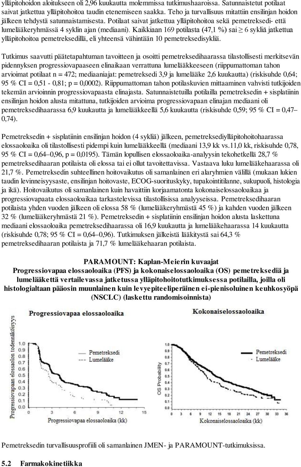 Kaikkiaan 169 potilasta (47,1 %) sai 6 sykliä jatkettua ylläpitohoitoa pemetreksedillä, eli yhteensä vähintään 10 pemetreksedisykliä.