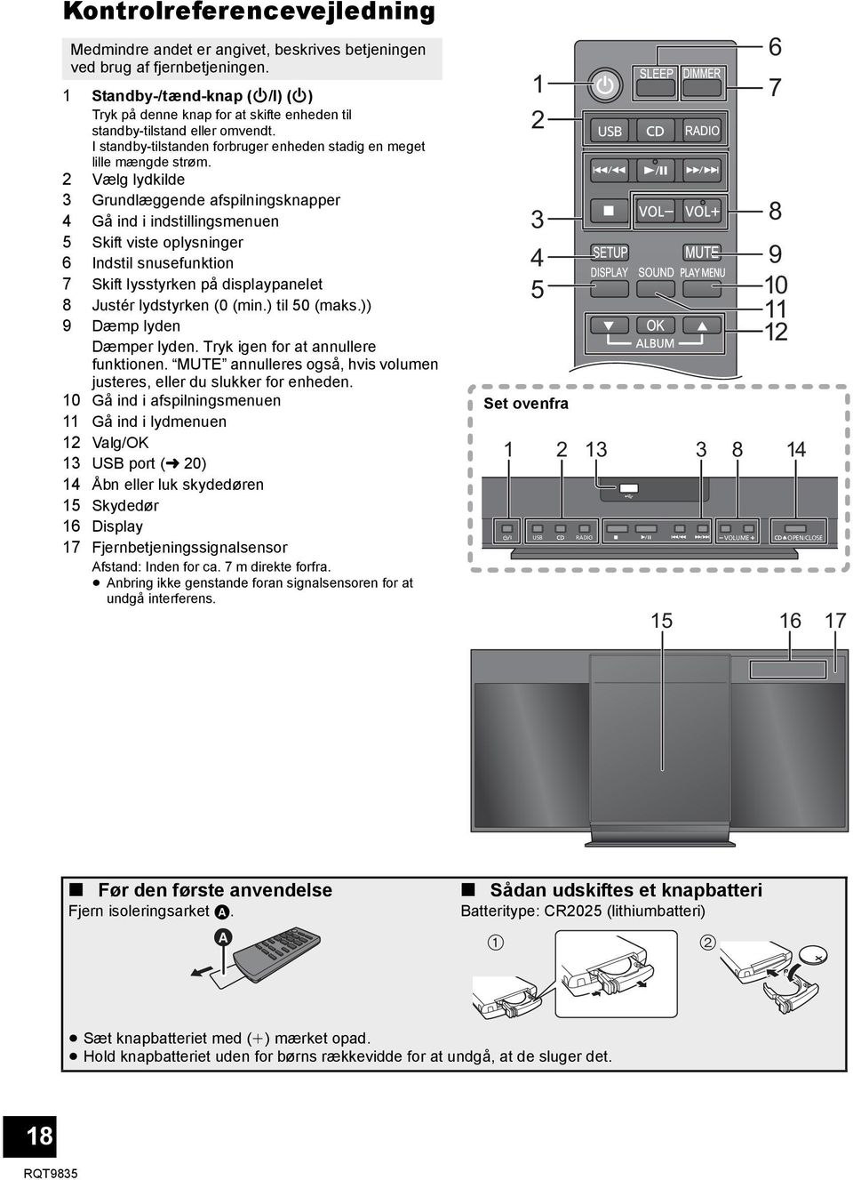 2 Vælg lydkilde 3 Grundlæggende afspilningsknapper 4 Gå ind i indstillingsmenuen 5 Skift viste oplysninger 6 Indstil snusefunktion 7 Skift lysstyrken på displaypanelet 8 Justér lydstyrken (0 (min.