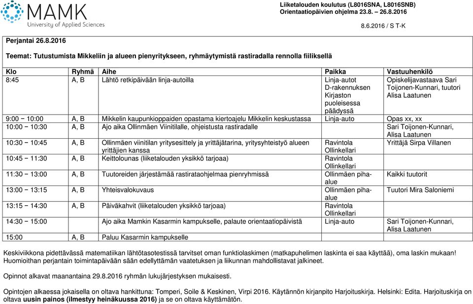 puoleisessa päädyssä, tuutori 9:00 10:00 A, B Mikkelin kaupunkioppaiden opastama kiertoajelu Mikkelin keskustassa Linja-auto Opas xx, xx 10:00 10:30 A, B Ajo aika Ollinmäen Viinitilalle, ohjeistusta