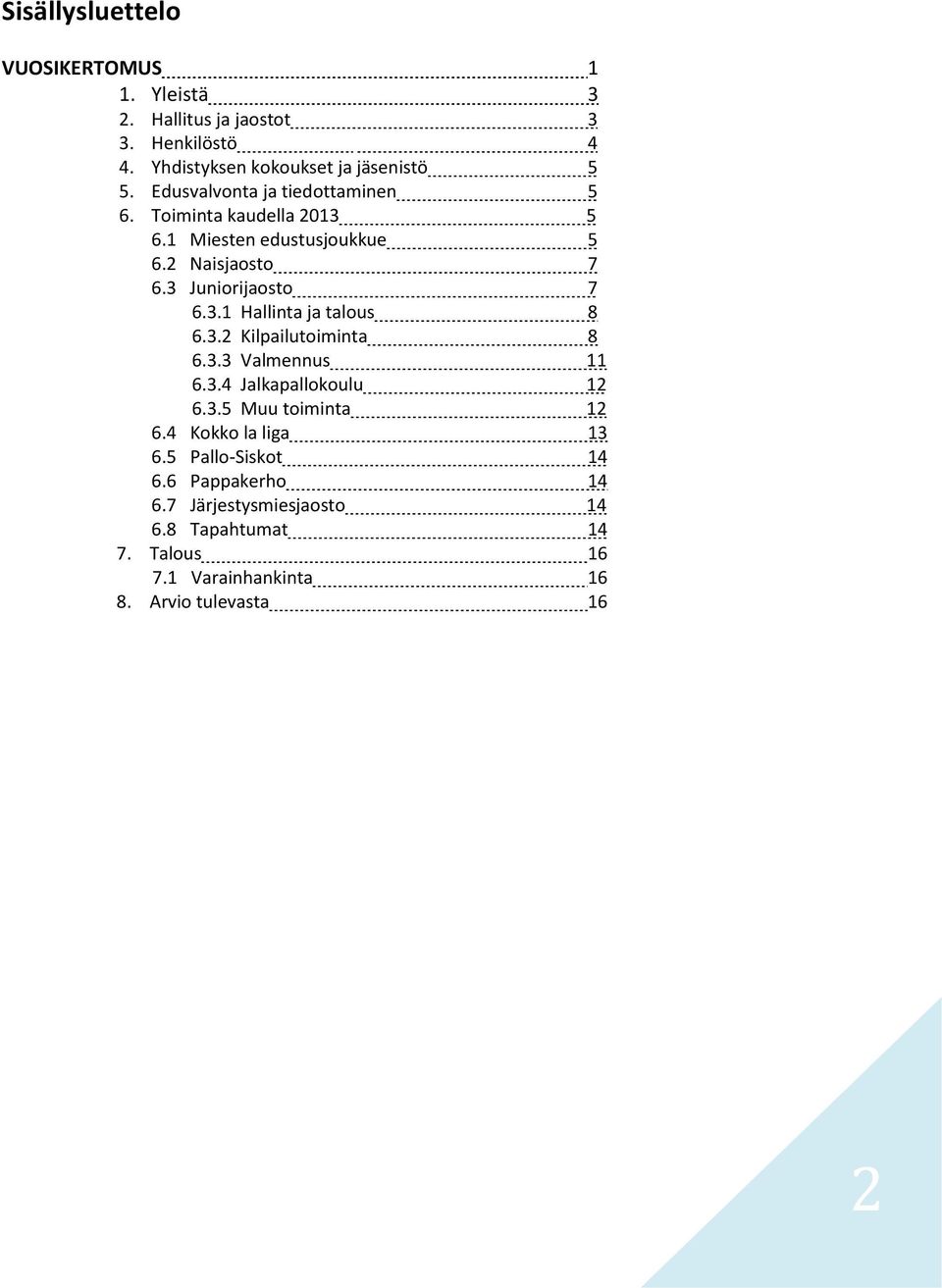 3.2 Kilpailutoiminta 8 6.3.3 Valmennus 11 6.3.4 Jalkapallokoulu 12 6.3.5 Muu toiminta 12 6.4 Kokko la liga 13 6.5 Pallo-Siskot 14 6.