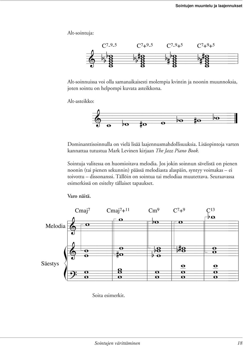 Lisäopintoja varten kannattaa tutustua Mark Levinen kirjaan The Jazz Piano Book. Sointuja vaitessa on huomioitava meodia.