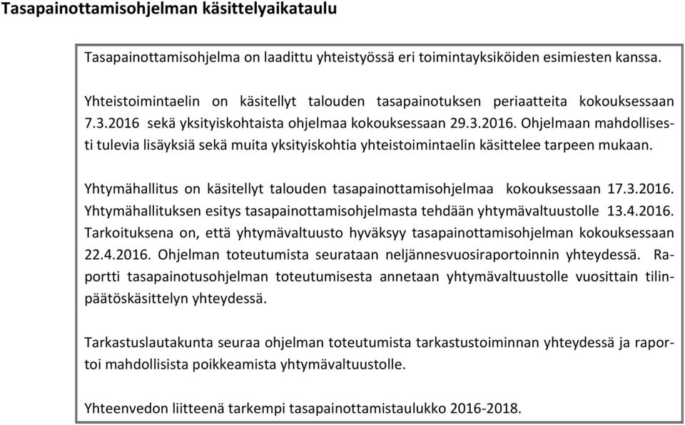 sekä yksityiskohtaista ohjelmaa kokouksessaan 29.3.2016. Ohjelmaan mahdollisesti tulevia lisäyksiä sekä muita yksityiskohtia yhteistoimintaelin käsittelee tarpeen mukaan.