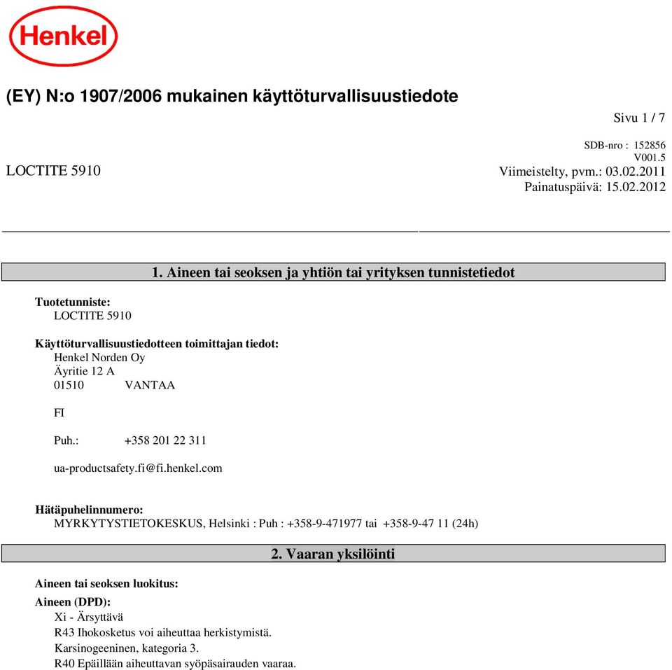 VANTAA FI Puh.: +358 201 22 311 ua-productsafety.fi@fi.henkel.